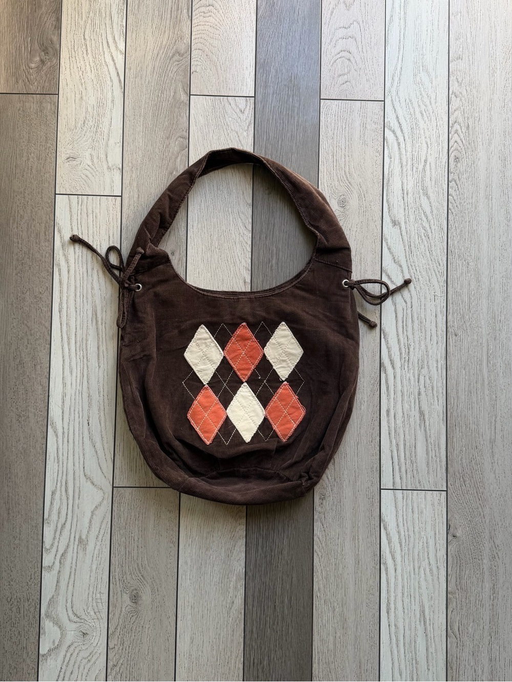 Chateau Y2K Brown Canvas Shoulder Bag with Argyle Patchwork